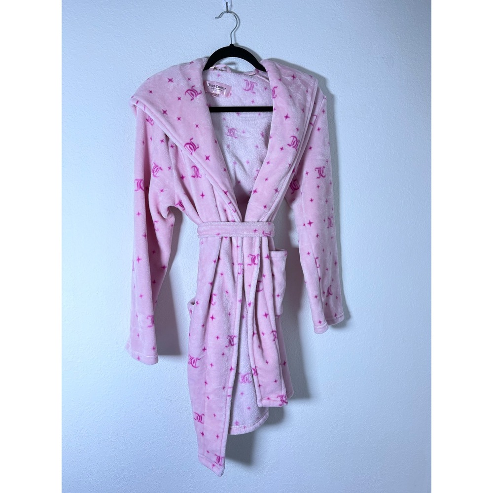 Juicy Couture Robe L/XL Pink Monogram Star Hooded Plush Fleece Tie Waist Robe